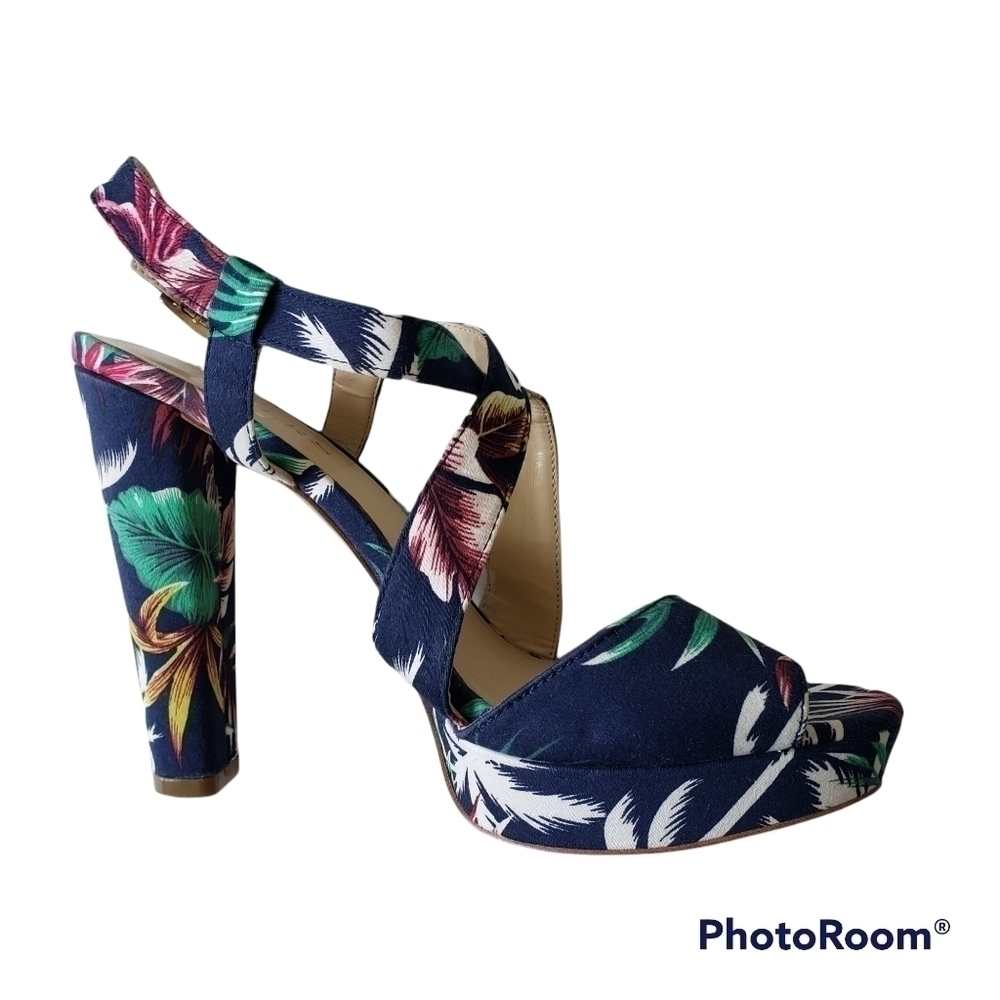 Palm print open toe platform strappy heel sandal shoes 9.5